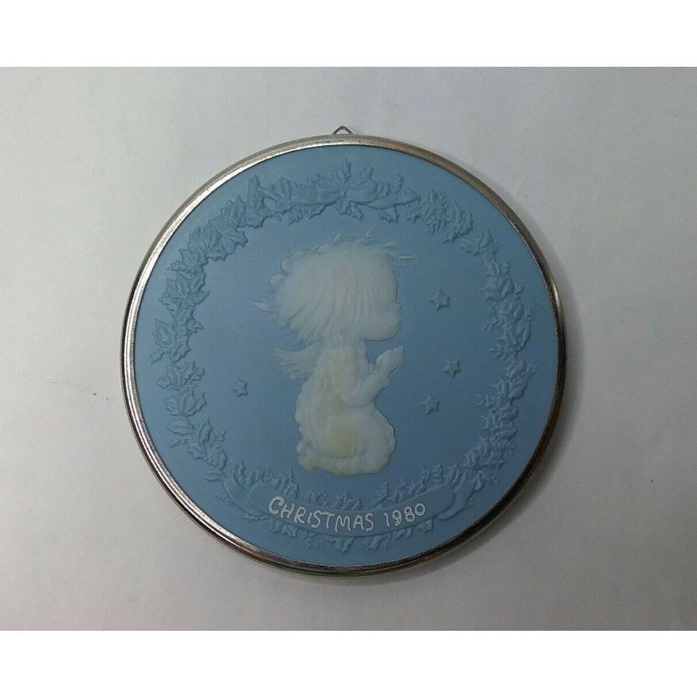 Vintage 1980 Rossetti Blue Christmas Prayer Angel Child Ornament Round 3"